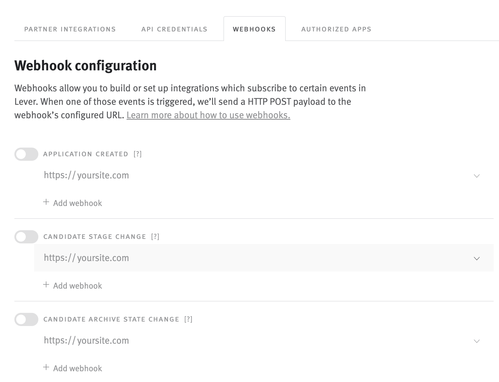 Webhook settings page