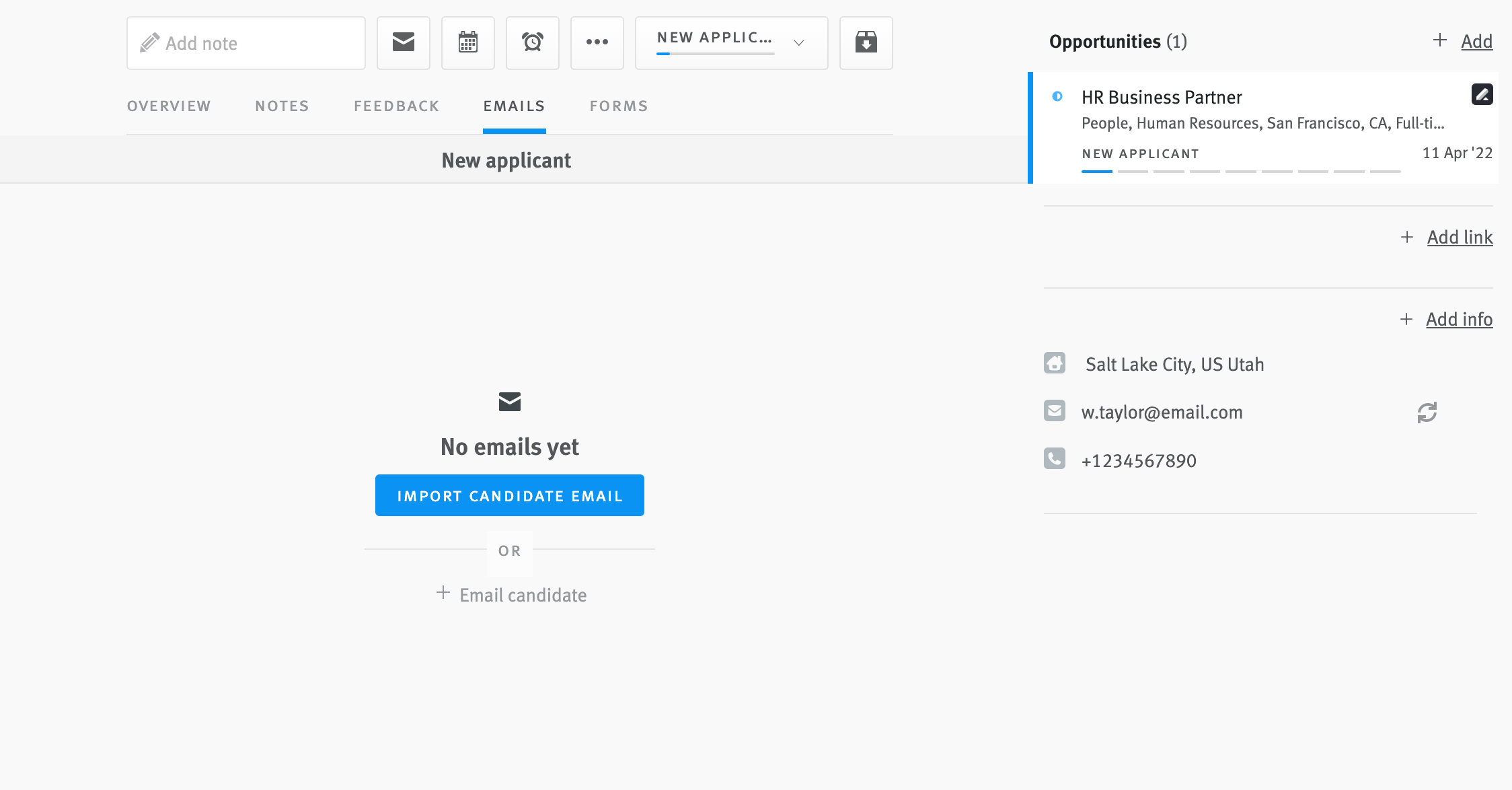 Emails section of candidate profile; Import candidate email button is visible in center of page