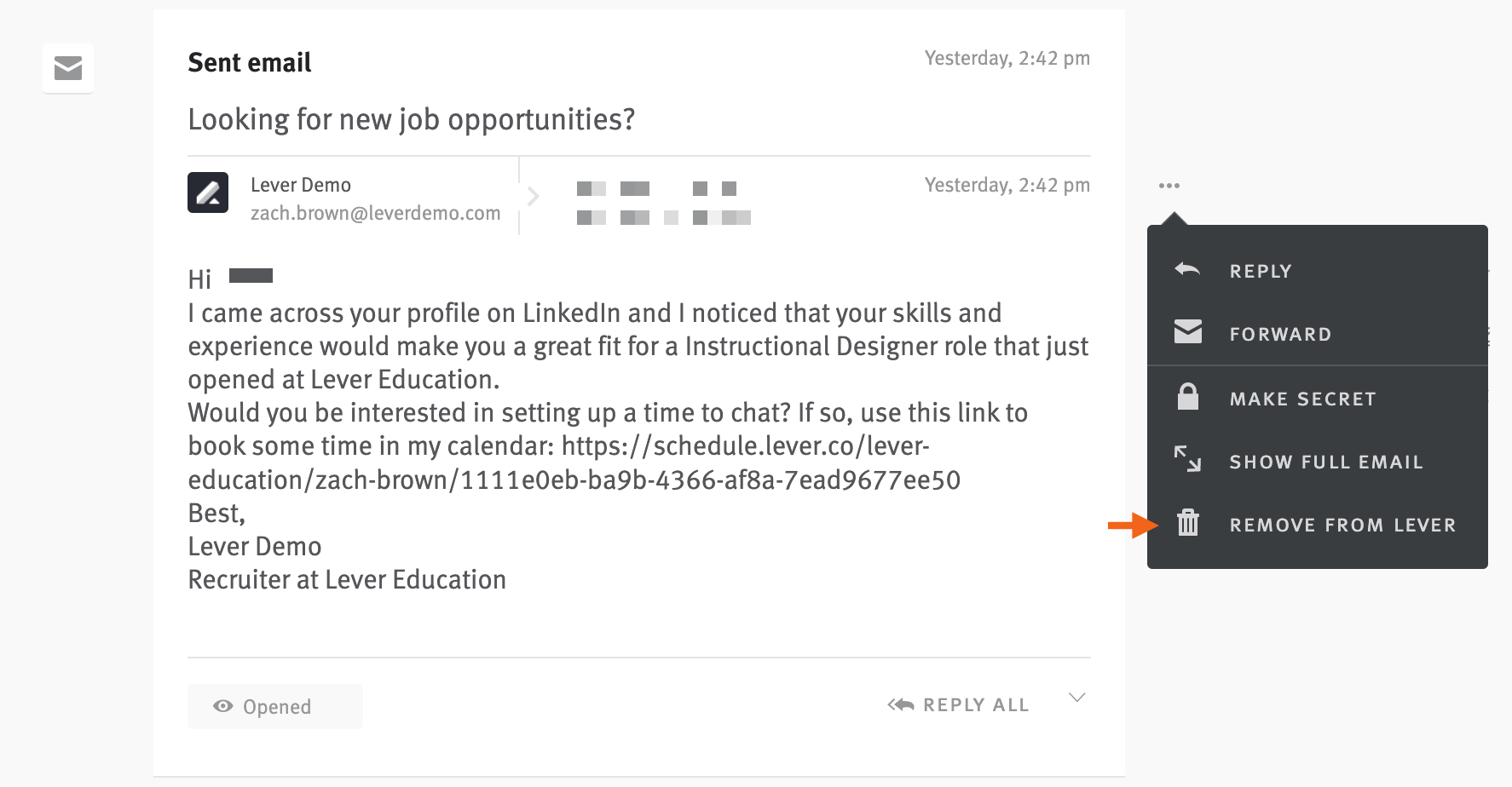 Menu extending from ellipses next to email; arrow pointing to remove from Lever option