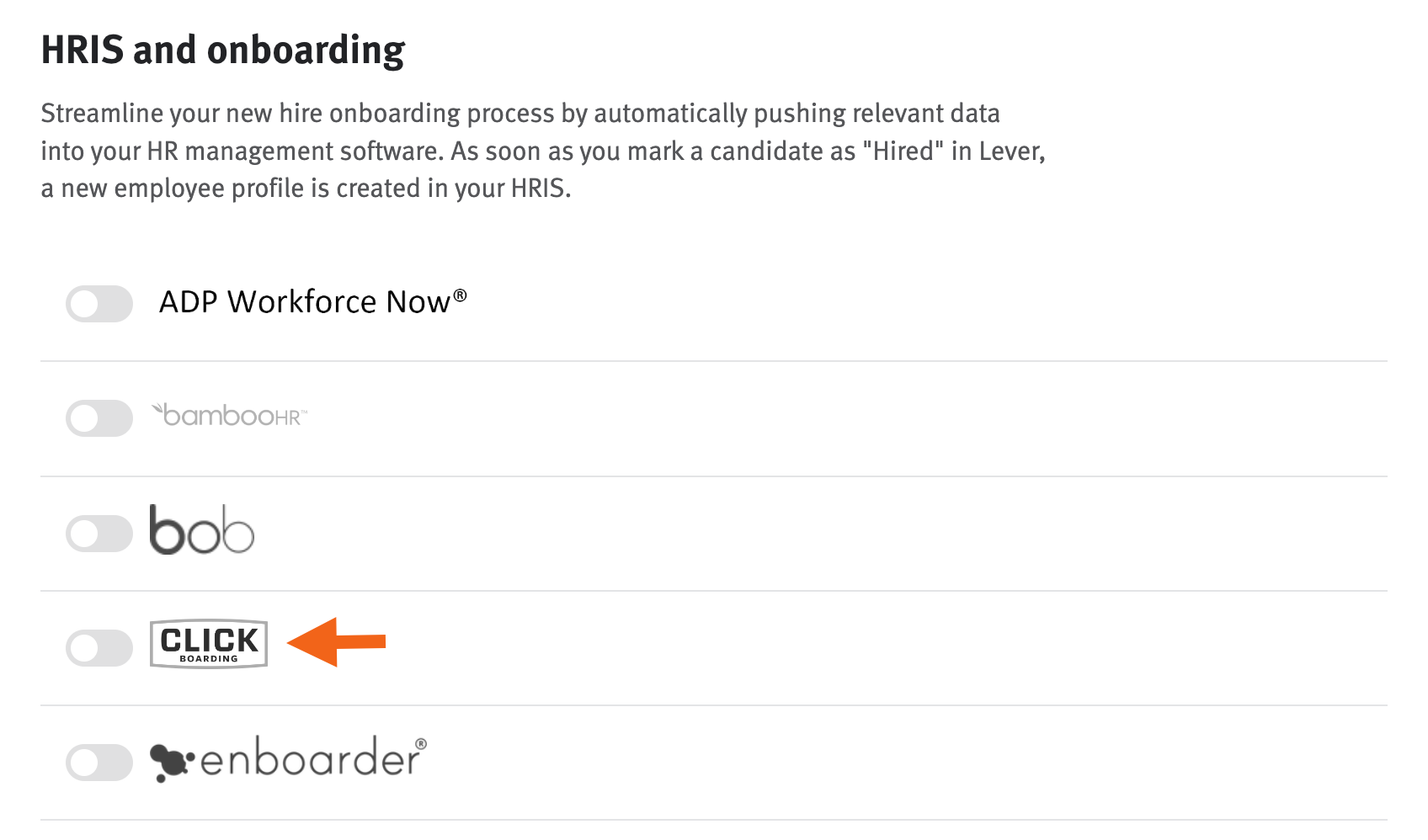 Lever integrations settings page with arrow pointing to click boarding toggle in the HRIS and onboarding section