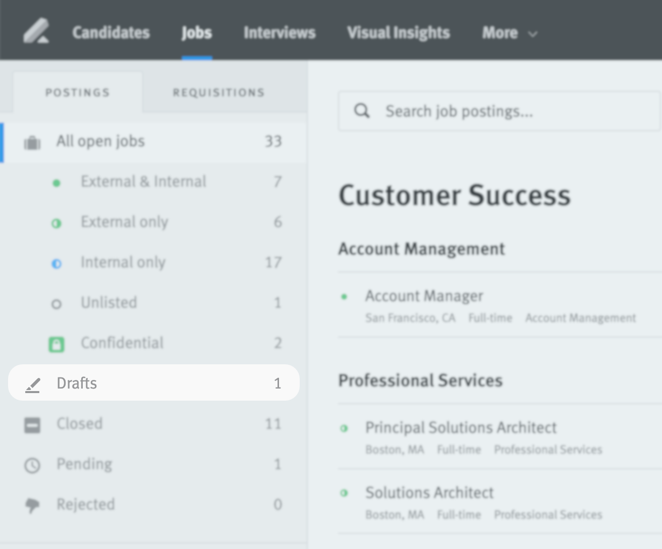 Lever jobs drafts page showing list of draft job postings