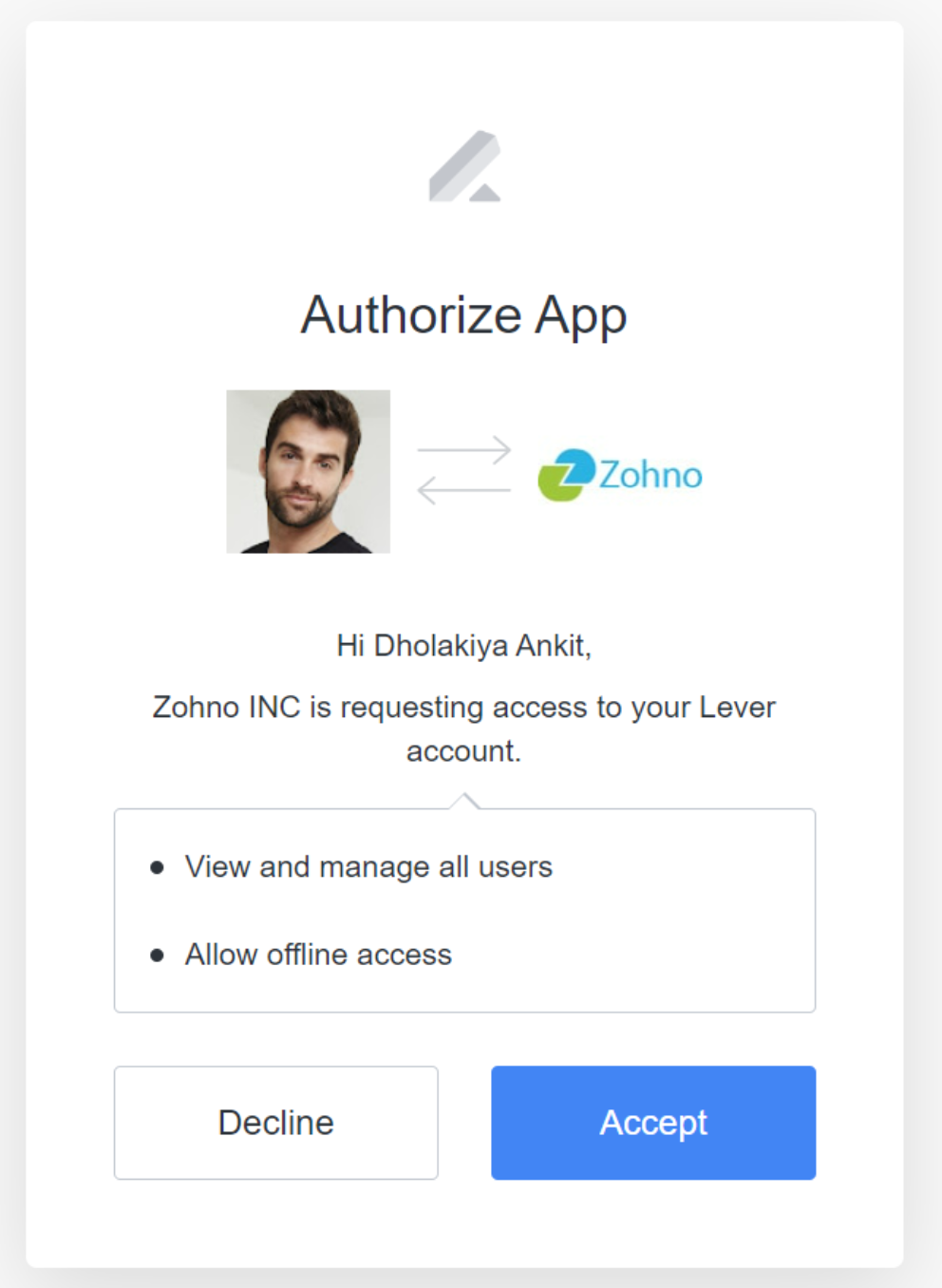 App authorization modal with listed permissions