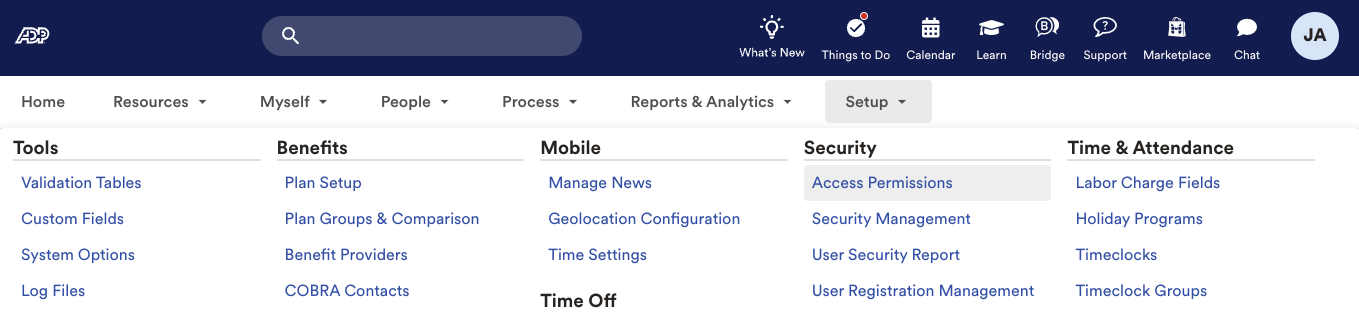 Setup menu expanded in ADP, Access Permissions option highlighted on hover