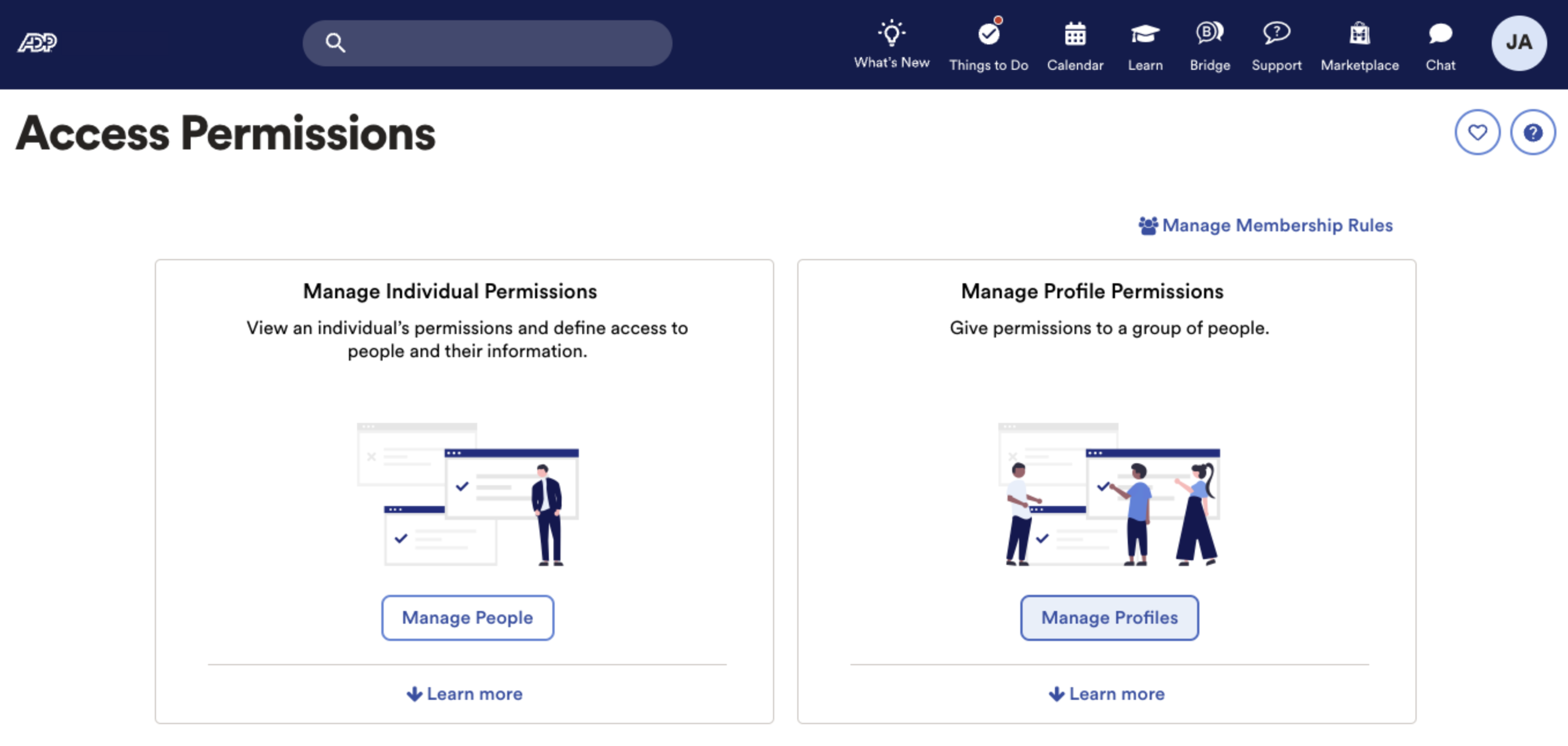 Access Permissions page, Manage profiles button highlighted on hover