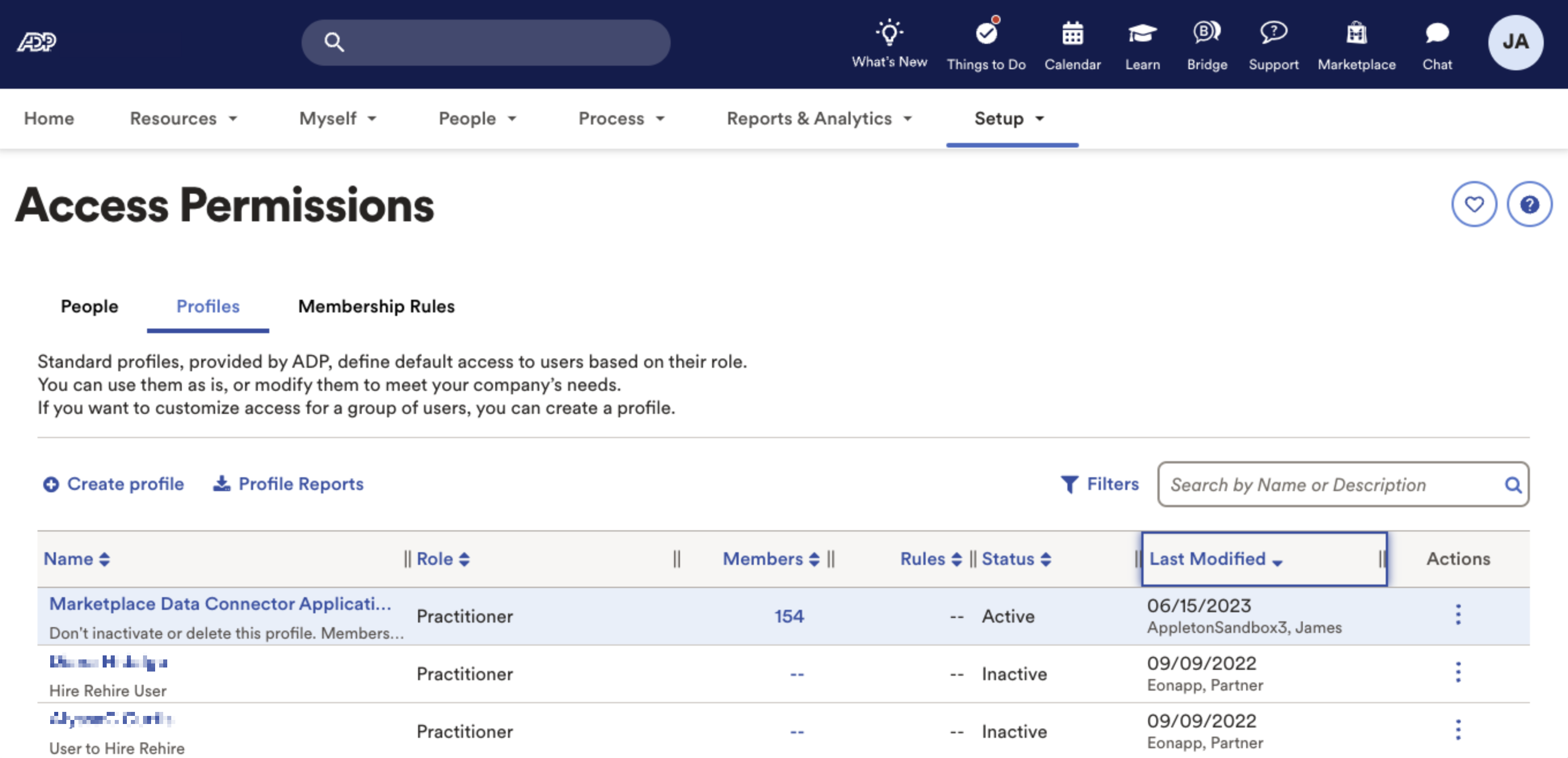 Access Permissions page, Marketplace Data Connector Application listing highlighted on hover