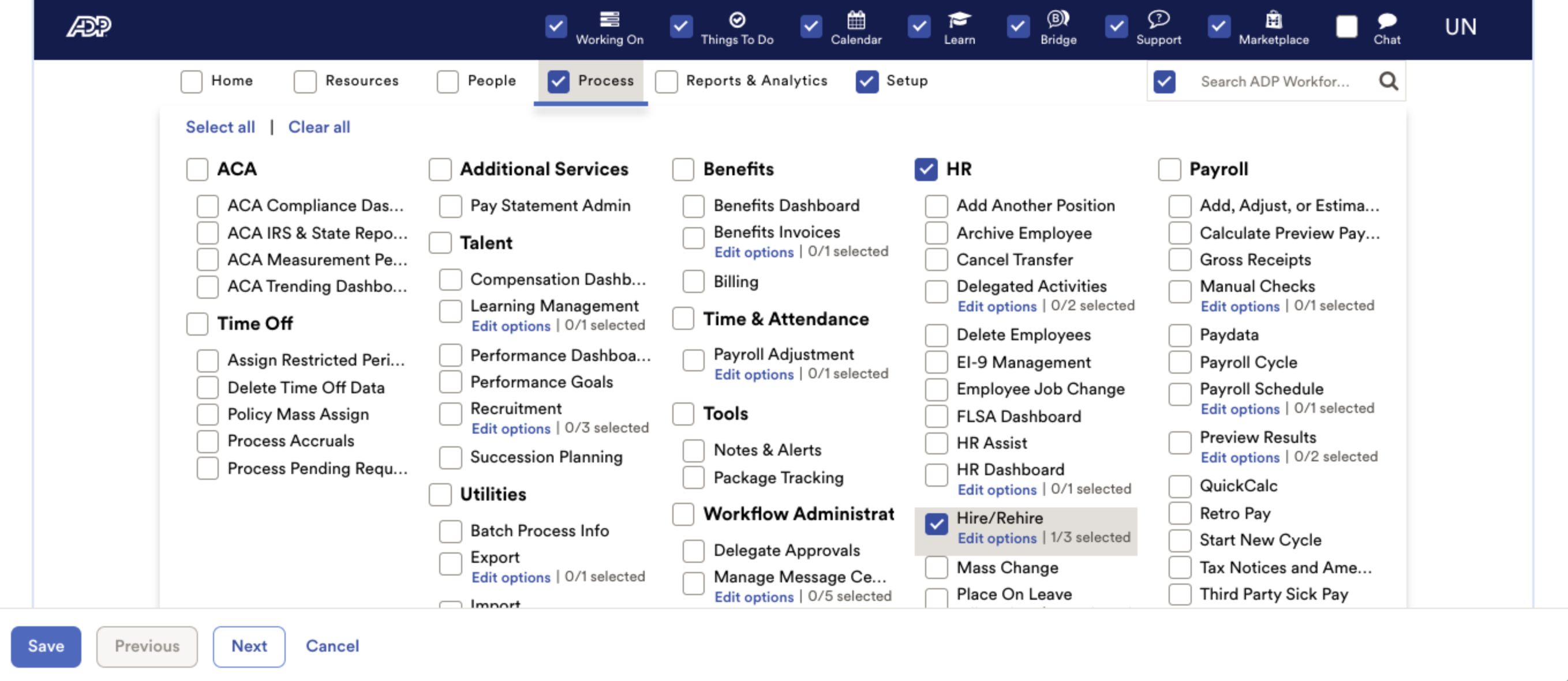 Process page in ADP, Hire/Rehire option checked under HR