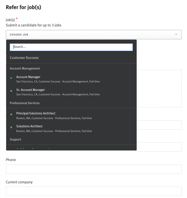 Posting selection menu at the bottom of a referral form