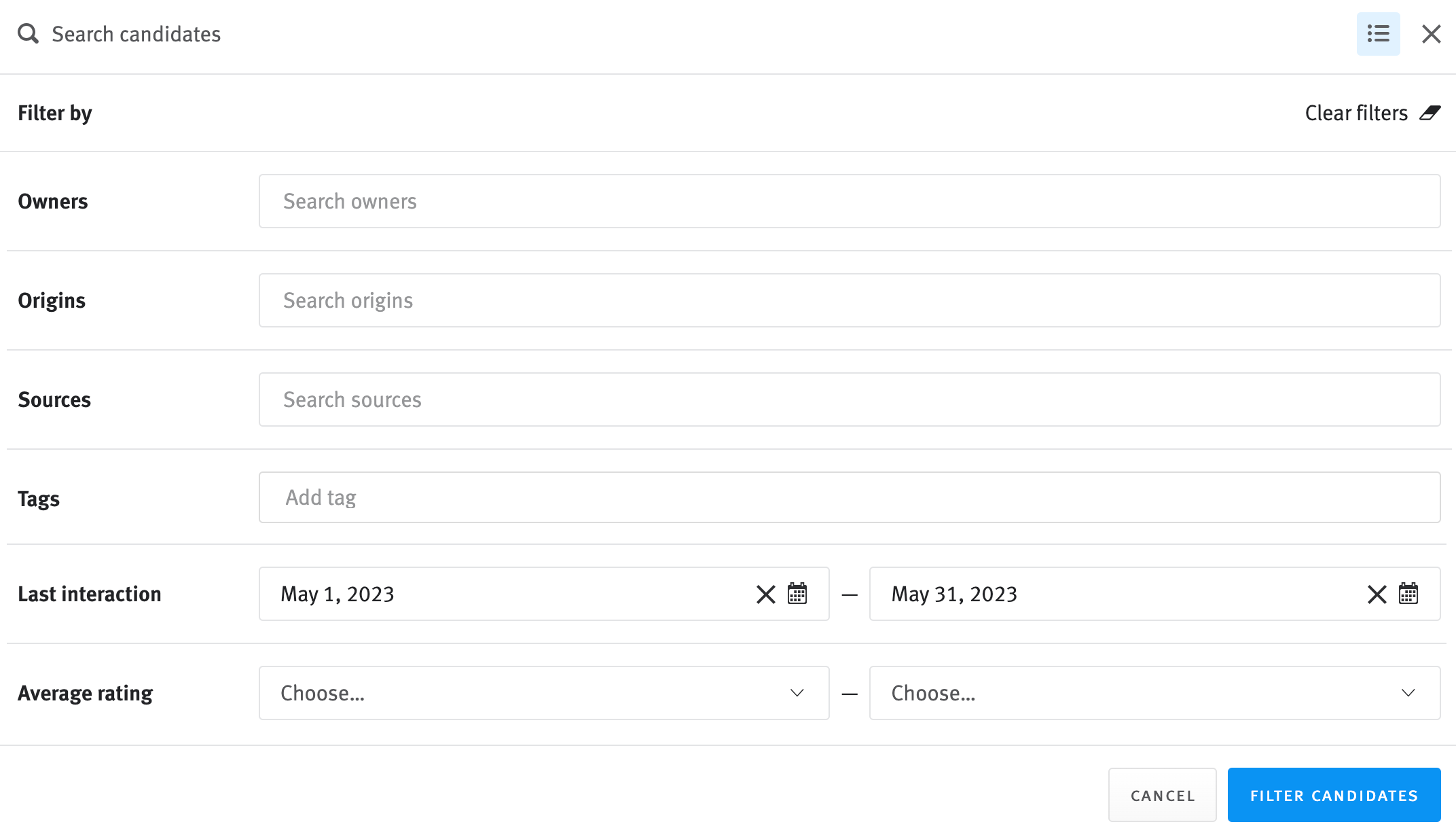 Advanced filter modal with last interaction date fields filled out