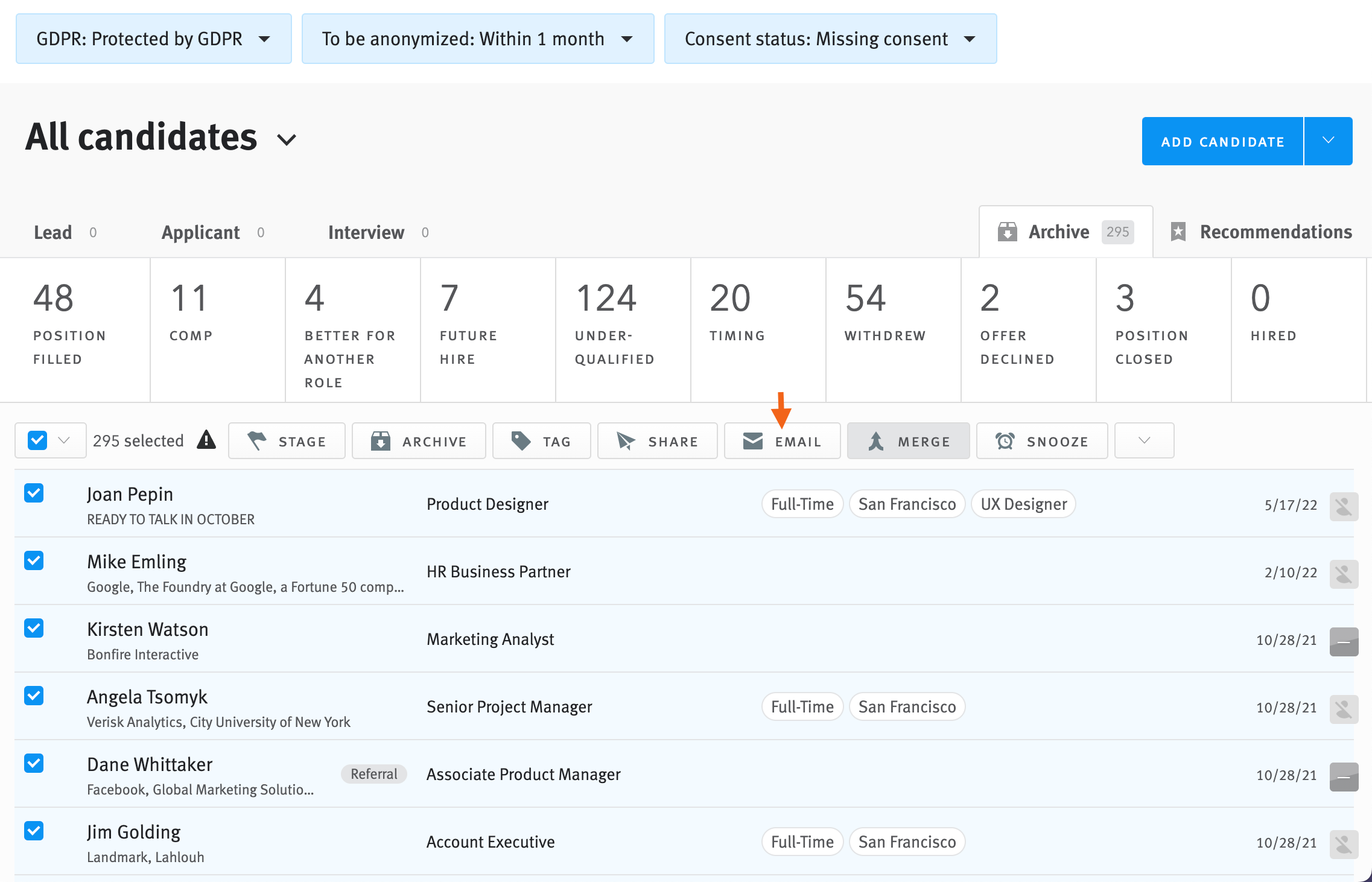 Opportunity list filtered by consent status; GDPR filters are outlined and arrow points to email button in bulk action tool bar.
