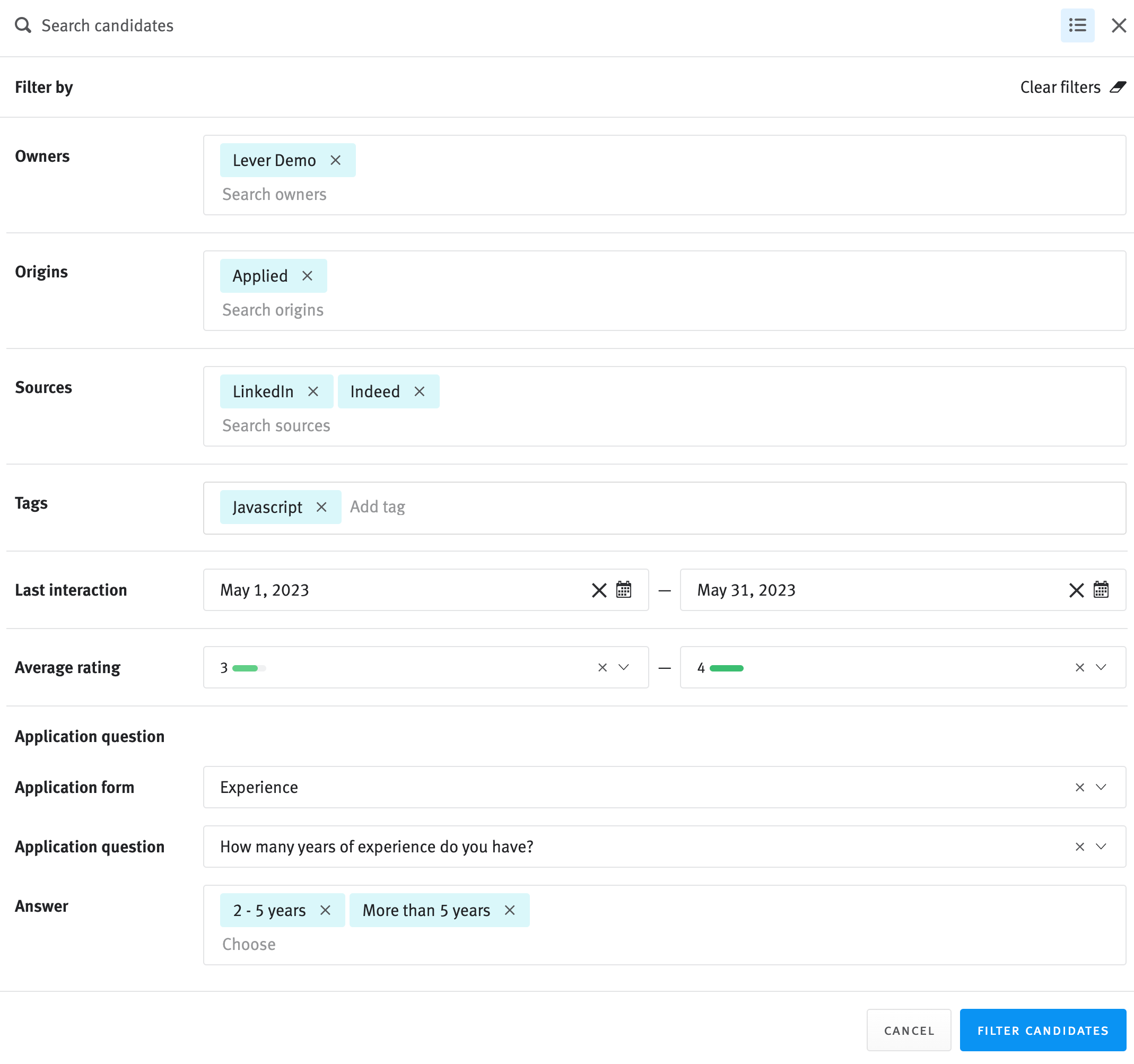 Advanced filter modal