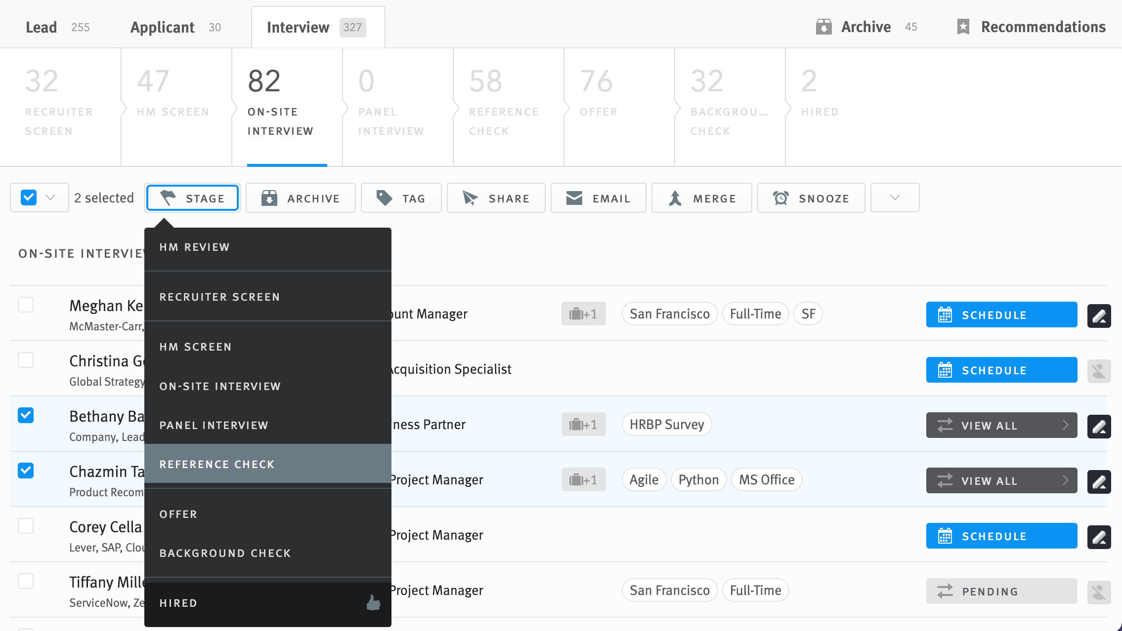 Multiple opportunities selected in On-Site Interview stage. Menu extends from Stage button in action tool bar with Reference Check stage highlighted.