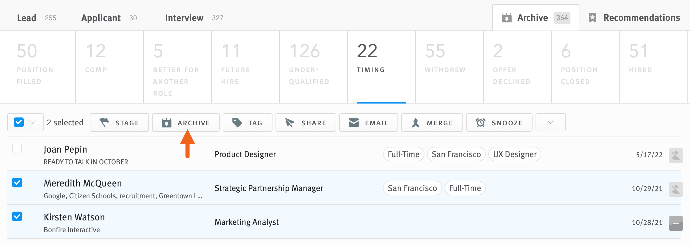 Multiple opportunities selected in the Archive with arrow pointing to archive button in action toolbar.