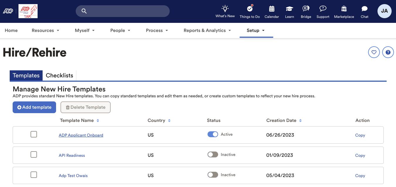 Hire/Rehire templates page in ADP