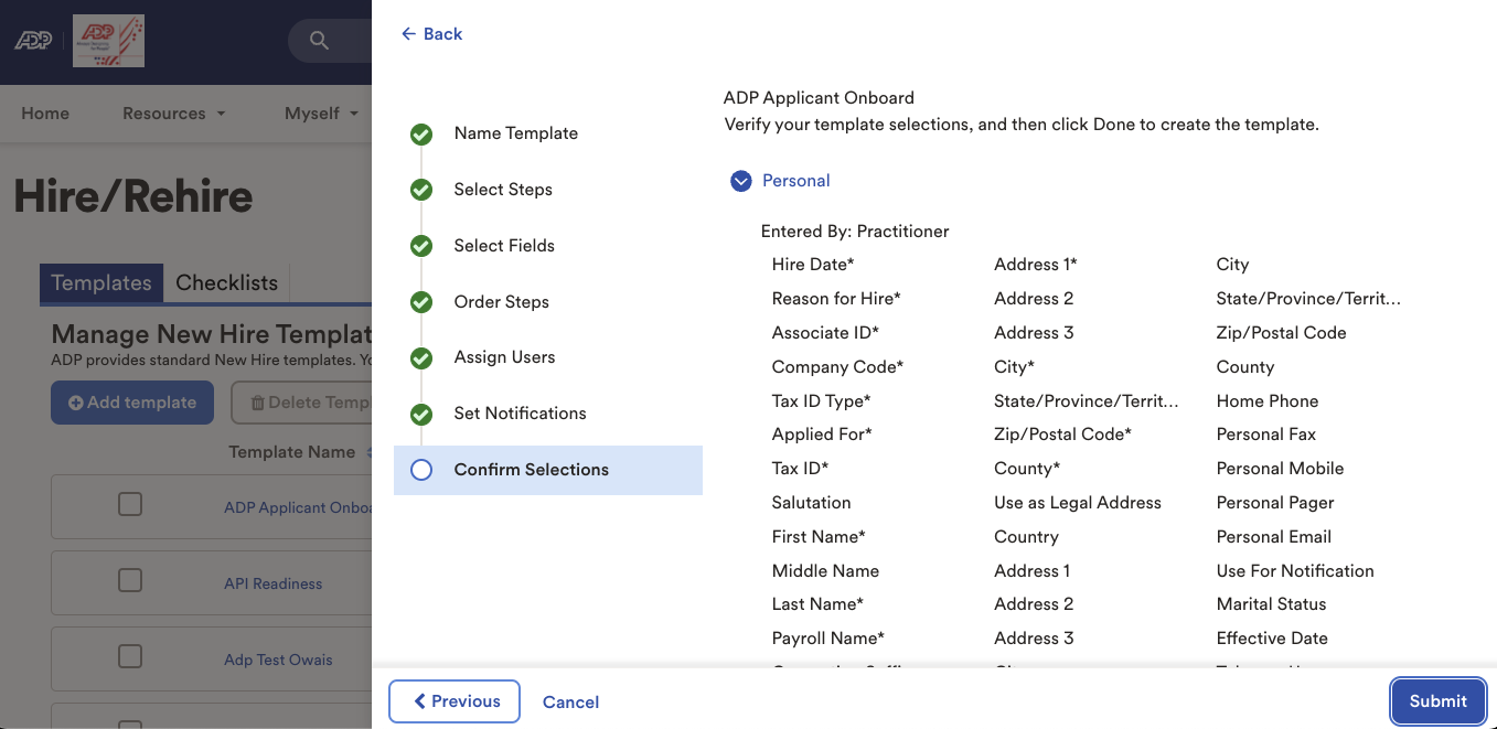 Confirm Select step in onboarding template editor