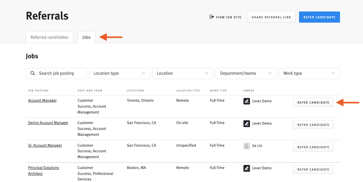 Referrals page with arrow pointing to Refer Candidate button in the list of jobs.