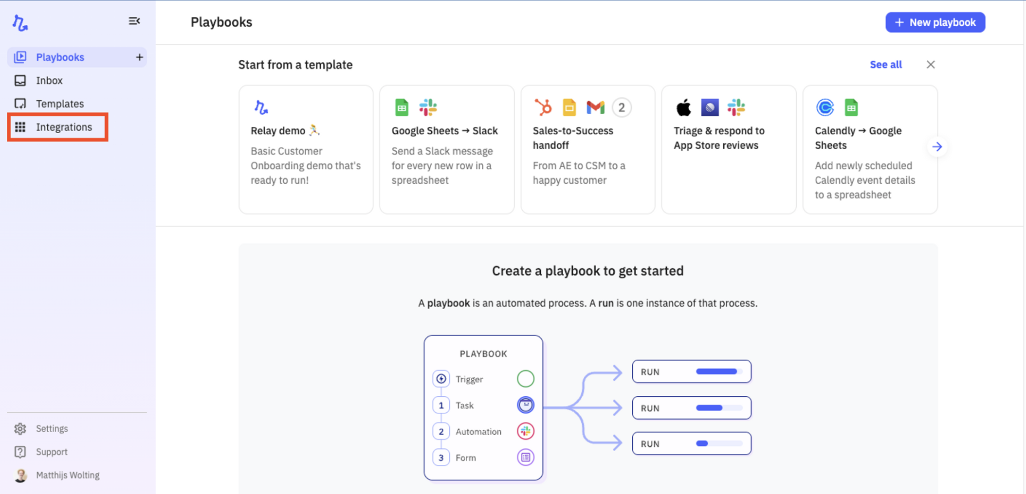 Integrations option outlined in navigation menu in Relay