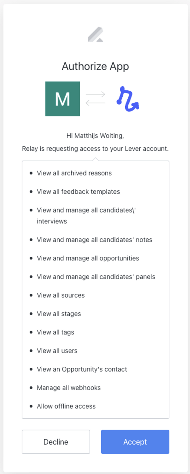 App authorization modal with listed permissions