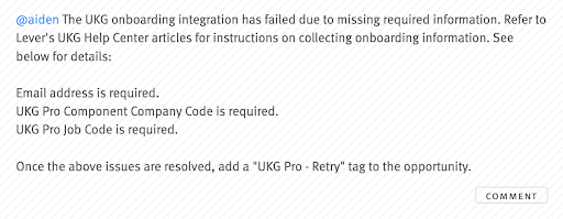A note in a candidate story in Lever describing information that failed to pass from Lever to UKG.
