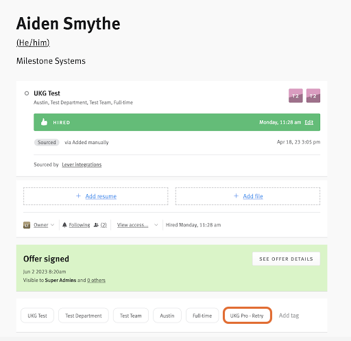 An opportunity profile in Lever wiht an UltiPro Onboarding - Retry tag applied and circled for emphasis.