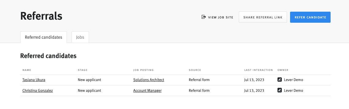 Lever referrals page showing list of Referred candidates.