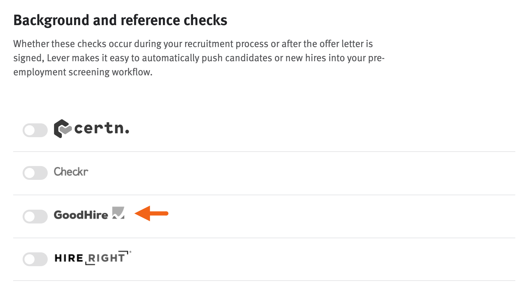 GoodHire integration toggle
