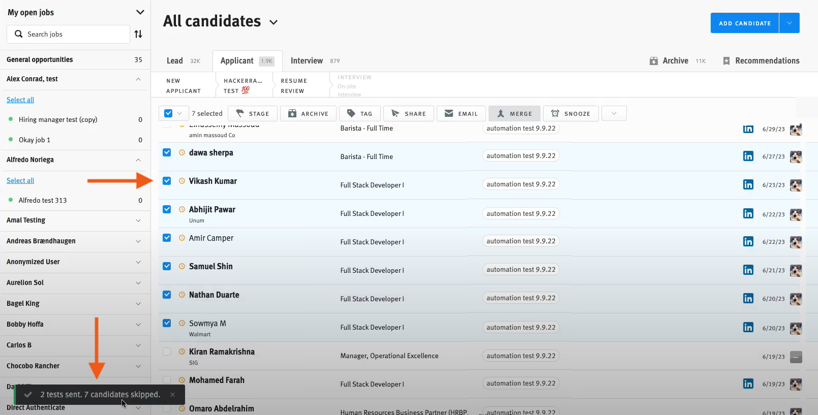Candidates page with arrows pointing to candidates skipped notification and list of opportunities selected.