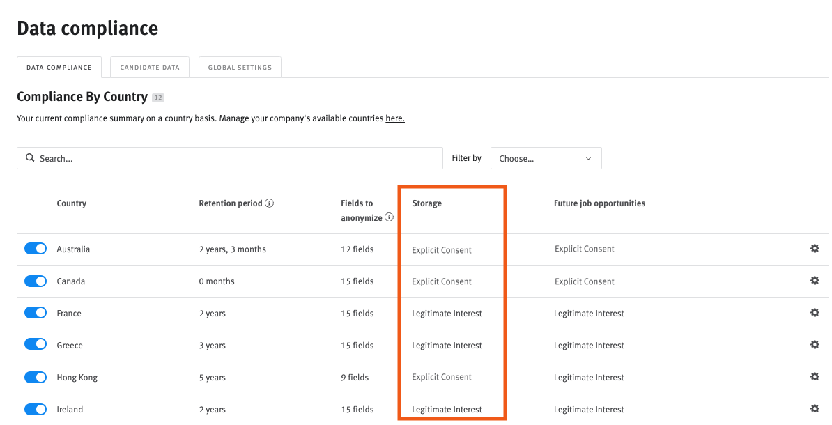 Data compliance settings page with storage and list of explicit and legitimate consent outlined.