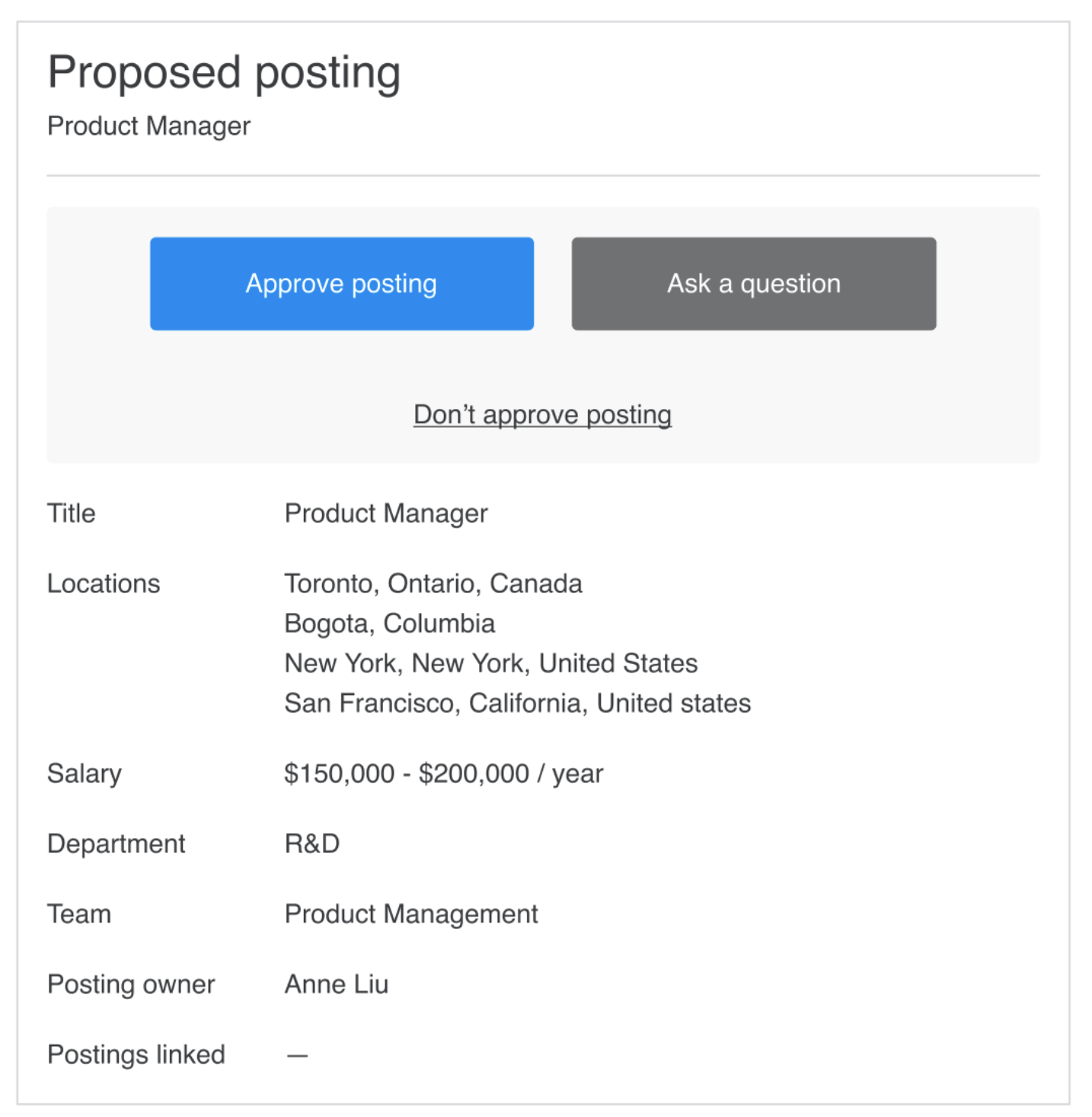 Posting approval email with four locations listed in the locations section.