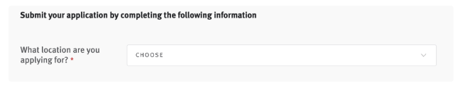 Lever job application page with preferred location question with the question What location are you applying for and location dropdown.