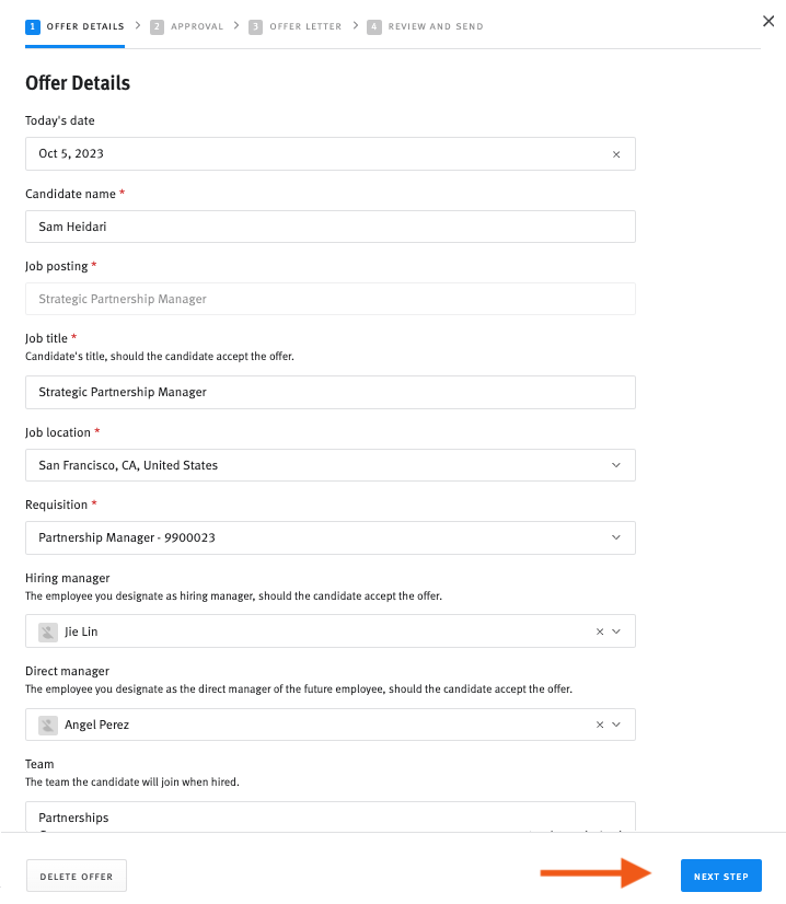 Lever job posting modal showing Offer details stage with arrow pointing to blue next step button.
