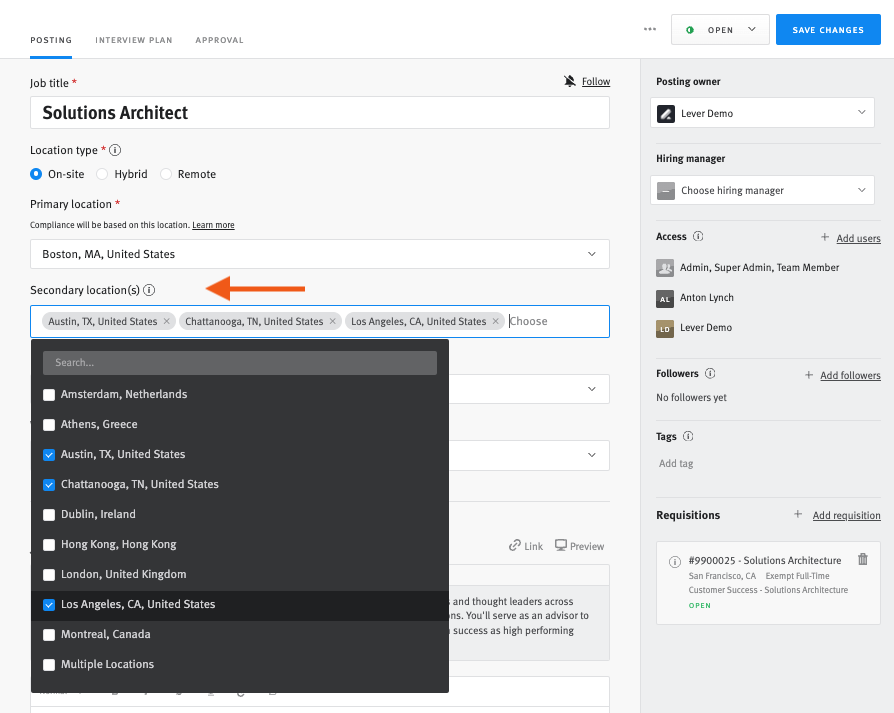 Lever job posting creating window with arrow pointing to secondary locations field and dropdown menu with list of locations