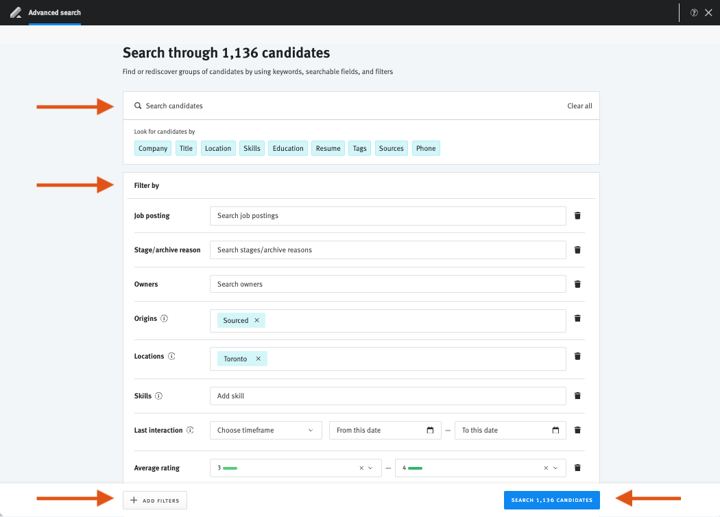 Lever advanced search page with arrows pointing to search field, filter by fields, add filters button and search button.