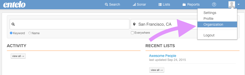 Entelo sandbox account with arrow pointing to add lever button