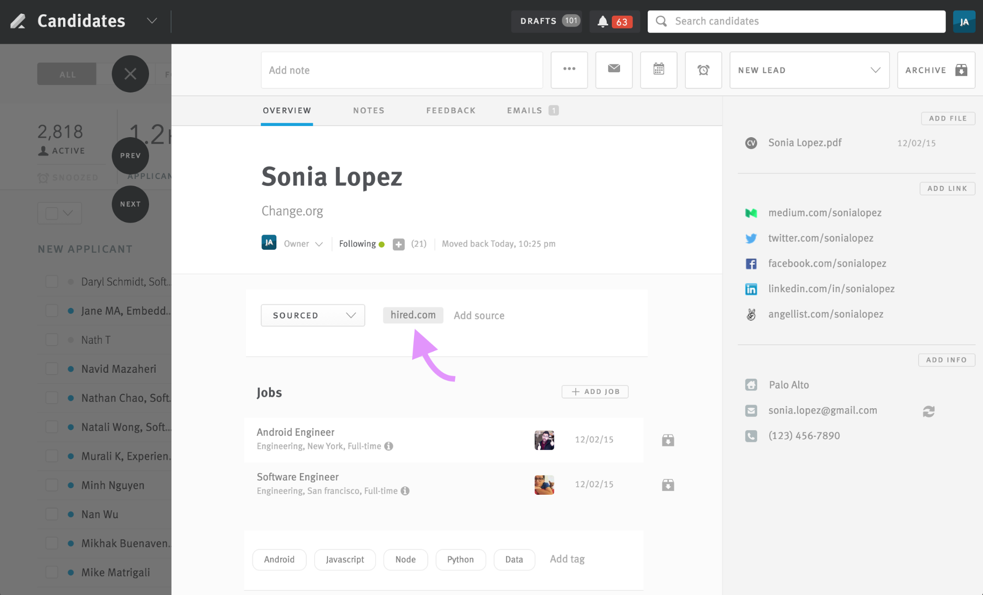 Lever candidate profile with arrow pointing hired.com label