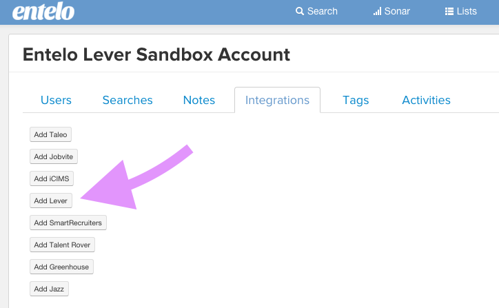Entelo platform showing candidate profile and arrow pointing to export to lever button