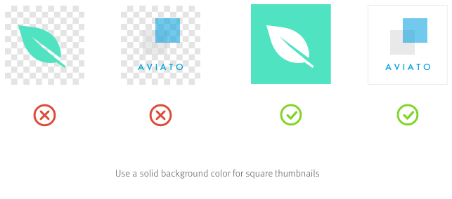 Various logo thumbnails; caption reads 'Use a solid background for square thumbnails'