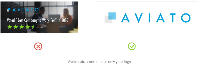 Two header images - one is a banner and the other is a simple logo and company name; caption reads 'Avoid extra content, use only your logo'
