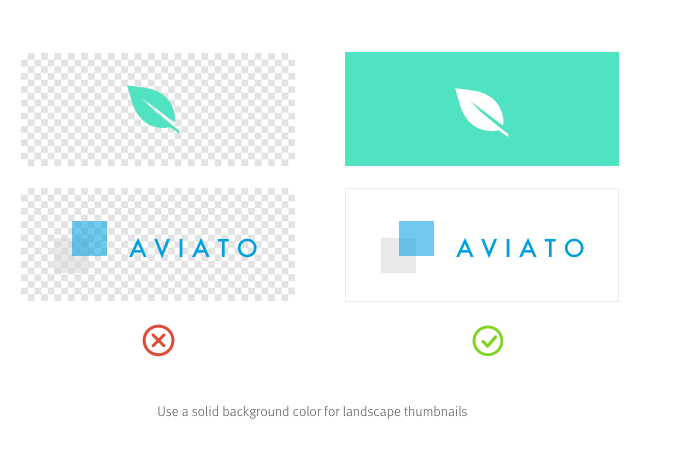 Various landscape logo thumbnails; caption reads 'Use a solid color background for landscape thumbnails'