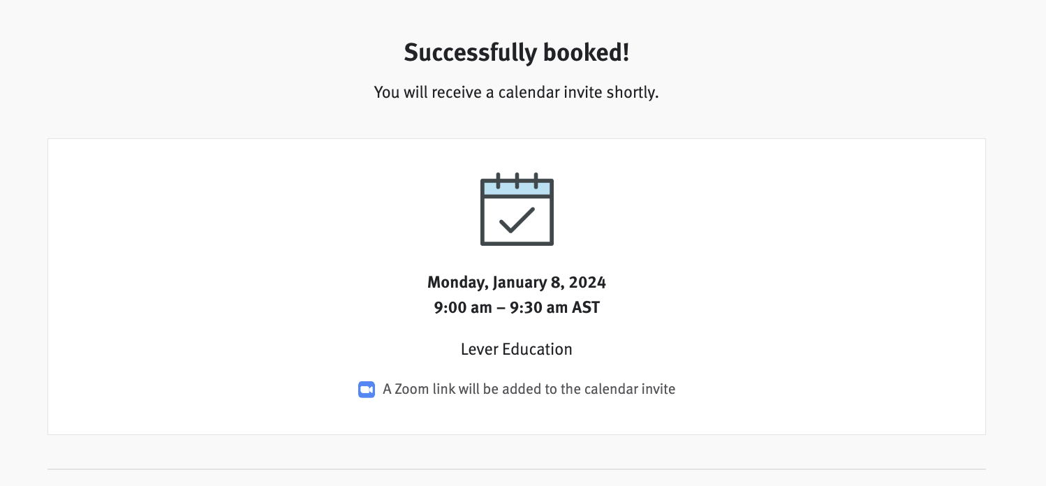 Easy Book link booking confirmation page showing confirmed time.