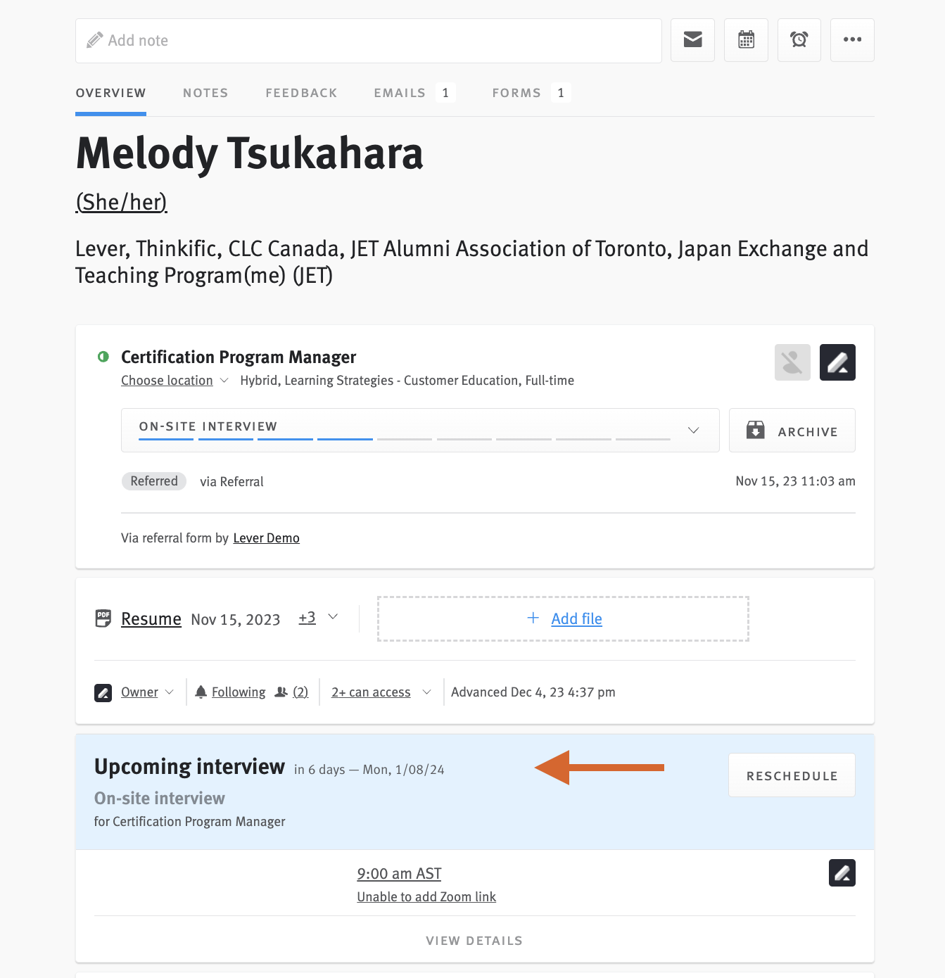 Close-up of candidate profile with upcoming interview listed.