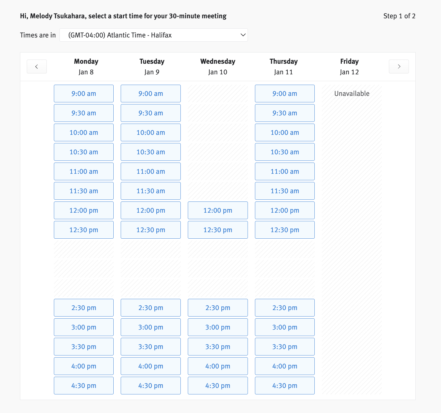 Easy Book link booking page showing list of available times.