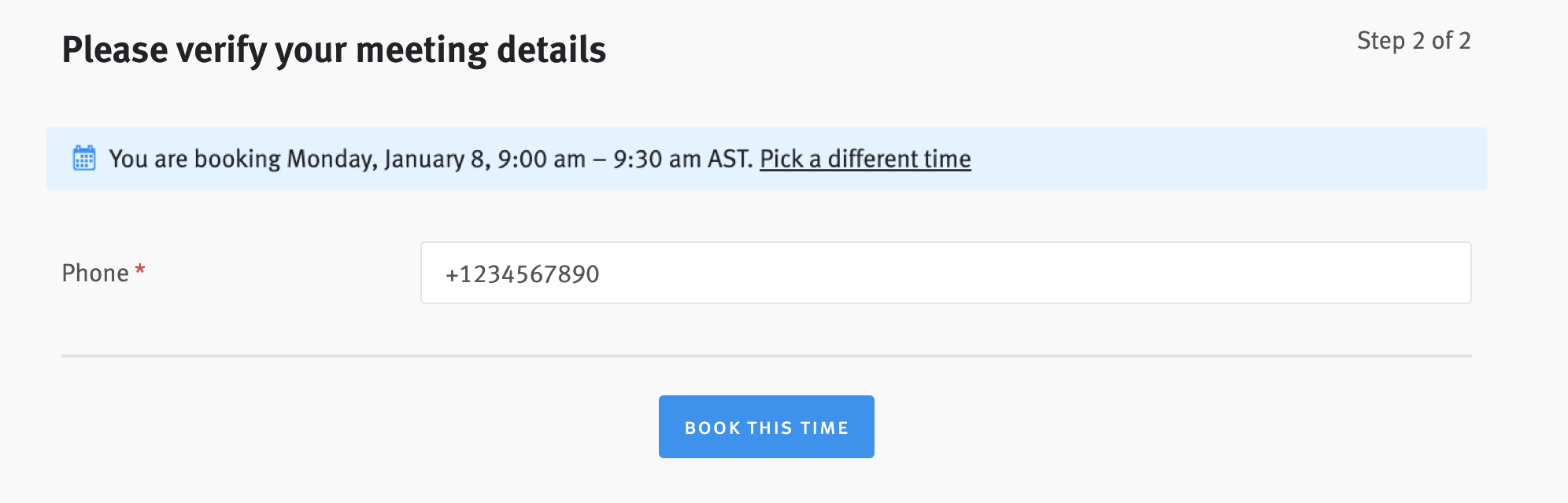 Easy Book link booking page showing chosen time, phone number field, and book this time button.