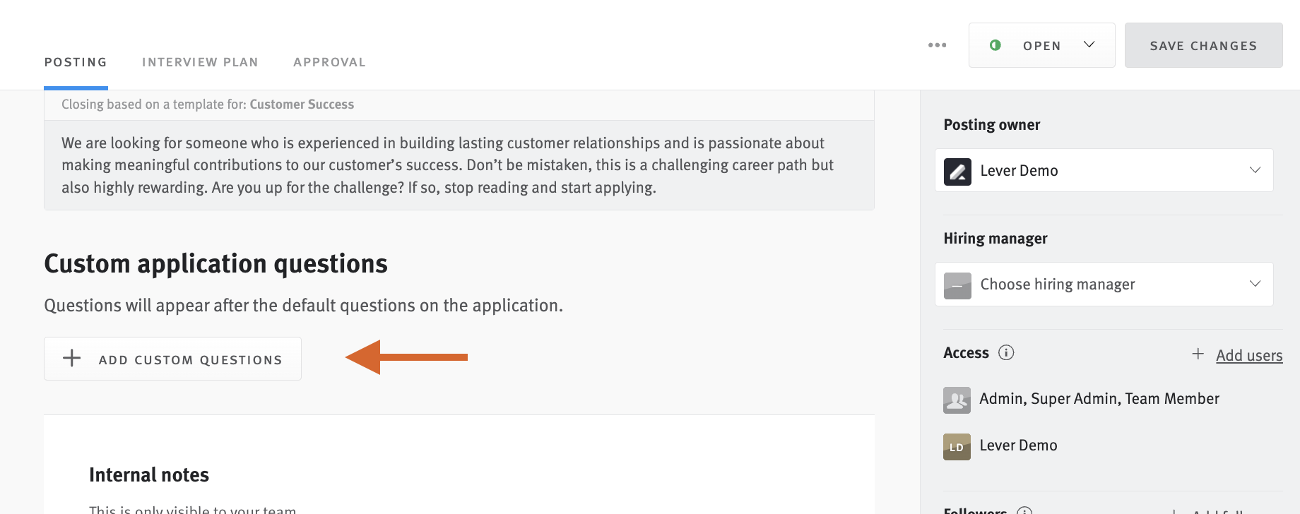 Lever job posting editor with arrow pointing to + Add Custom Questions button in the custom application questions section.