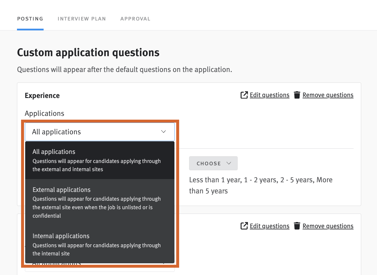 Custom application questions section showing search bar and dropdown list of results.