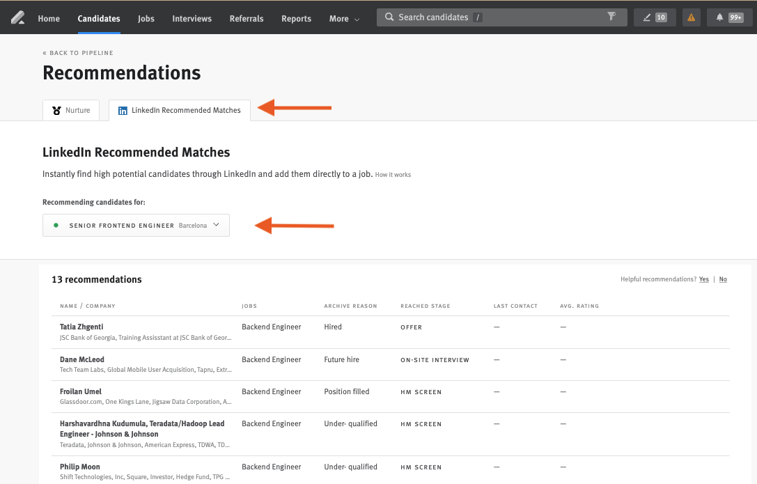 LinkedIn Recommended Matches tab with arrow pointing to job selection menu.