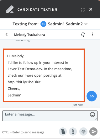 Candidate texting chat window with autofilled text template message sent to candidate.