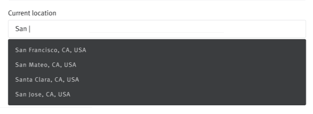 Candidate current location field with drop down menu.