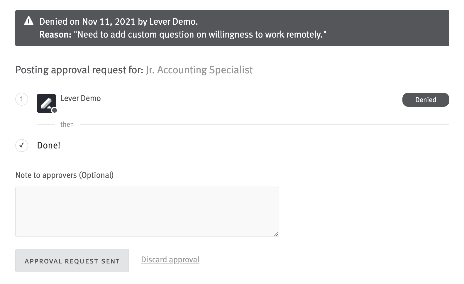 Denied approval notice in posting editor.