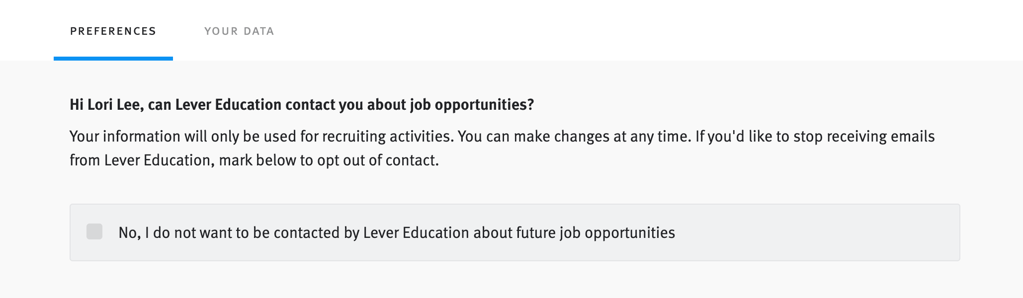 webpage where candidates can unsubscribe from being contacted about future opporunities