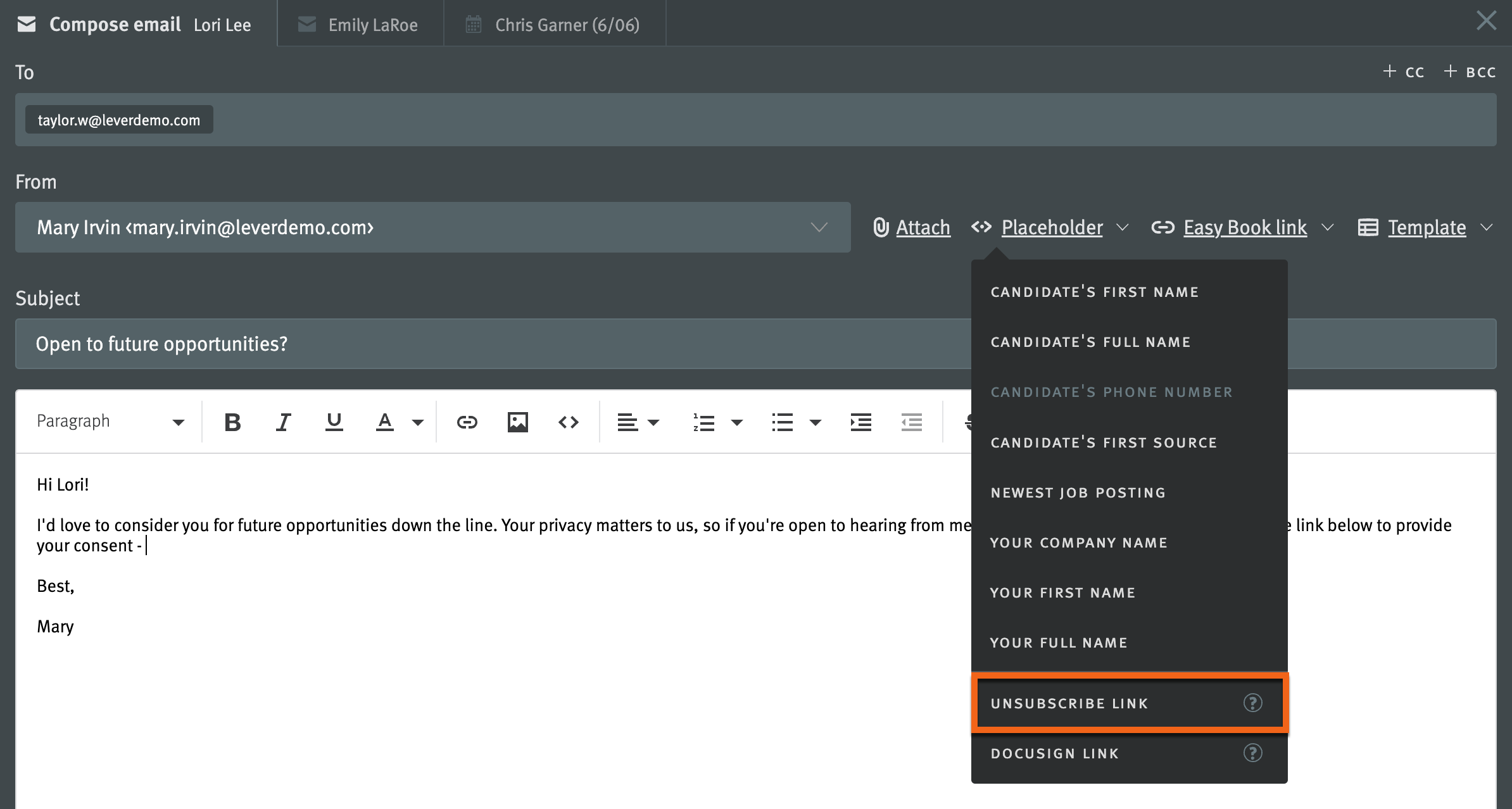 Inserting an unsubscribe link into the body of an email